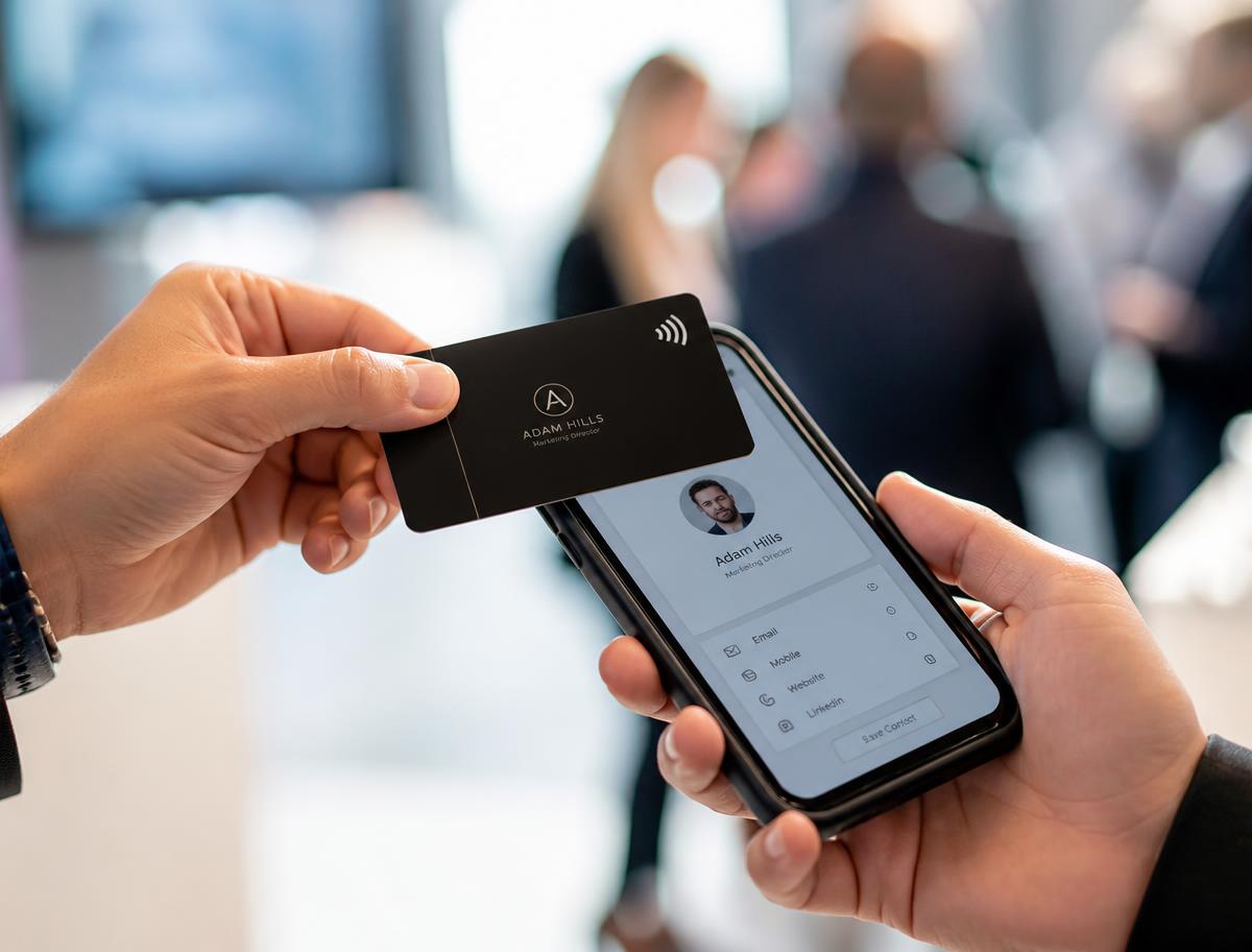 Tapping an NFC business card on a phone at an event