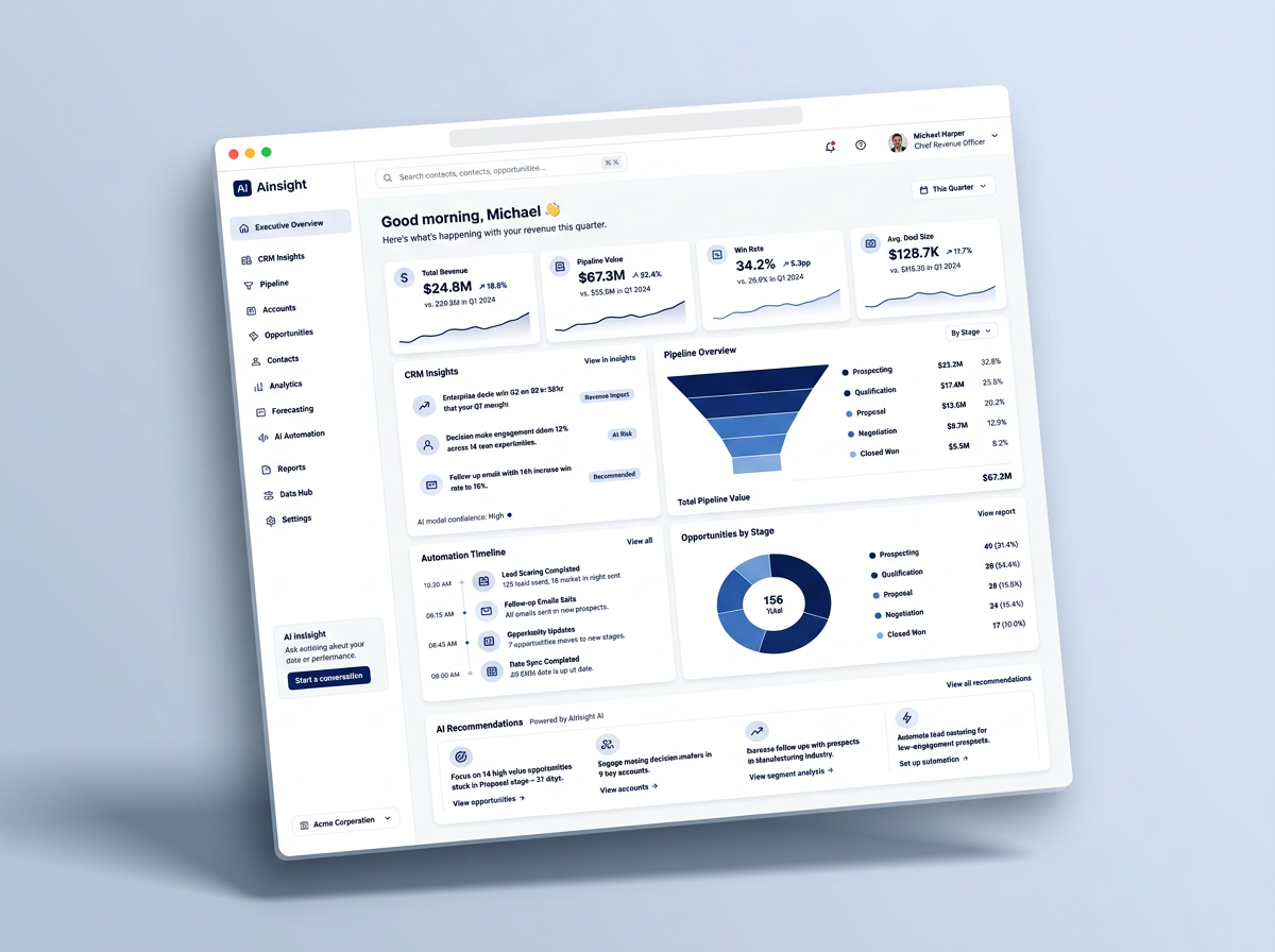 CRM dashboard with pipeline value, win rate and stage breakdown